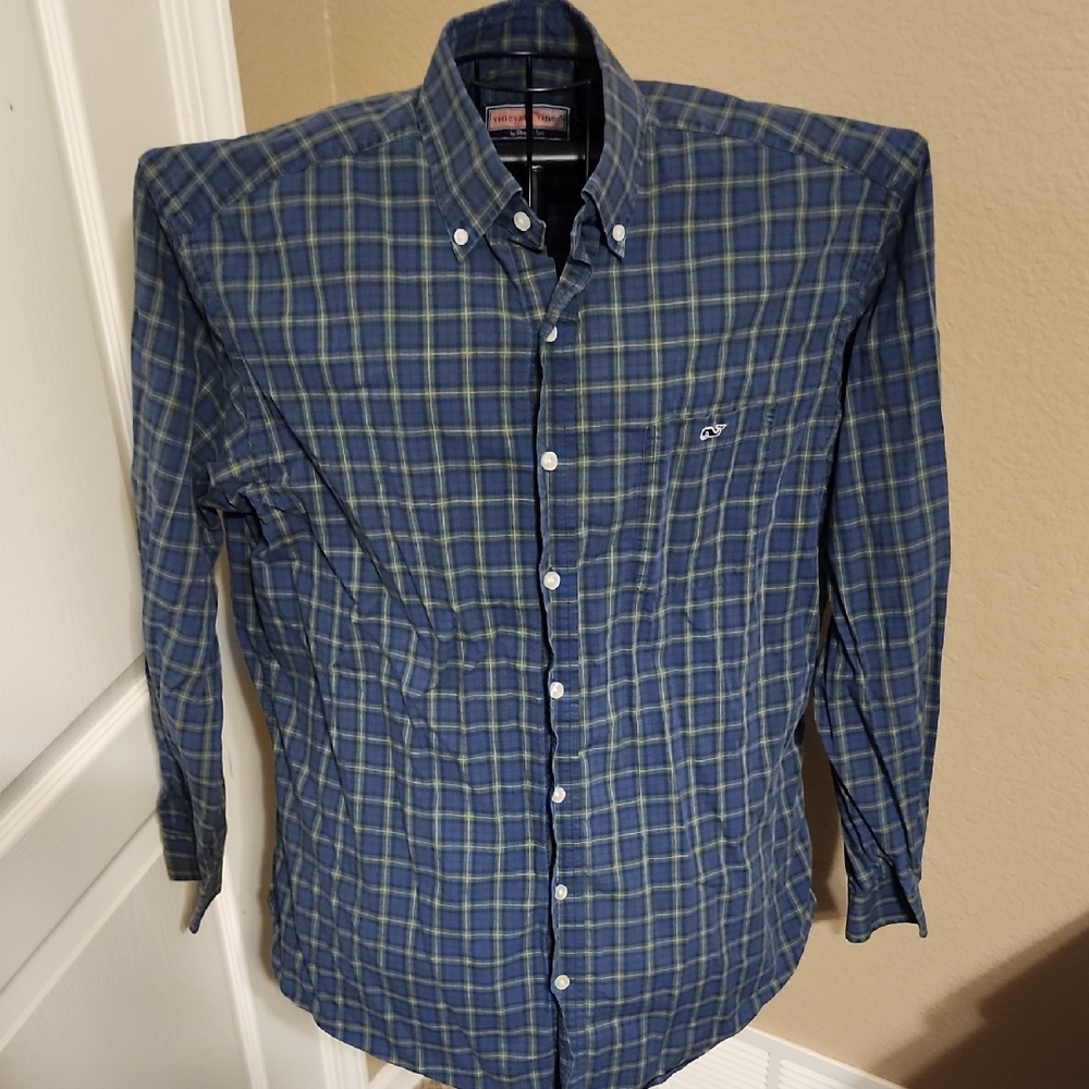 Vineyard Vines Men's Blue and Green Plaid Shirt